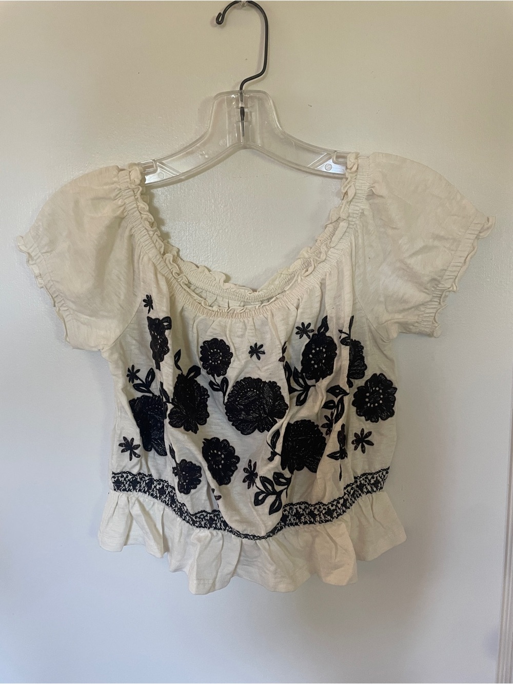 American Eagle Outfitters White Crop Top with Black Floral Embroidery